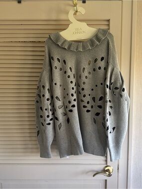 Ulla Johnson Light Gray Cutout Ruffle-Neck Pullover